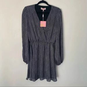 Leyden black white satin sprinkle print long sleeve mini dress M